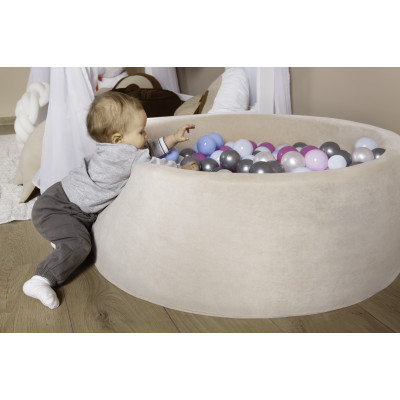 Piscina rotonda grigia per bambini con 300 palline colorate, velluto Piscina rotonda grigia per bambini con 300 palline colorate, velluto